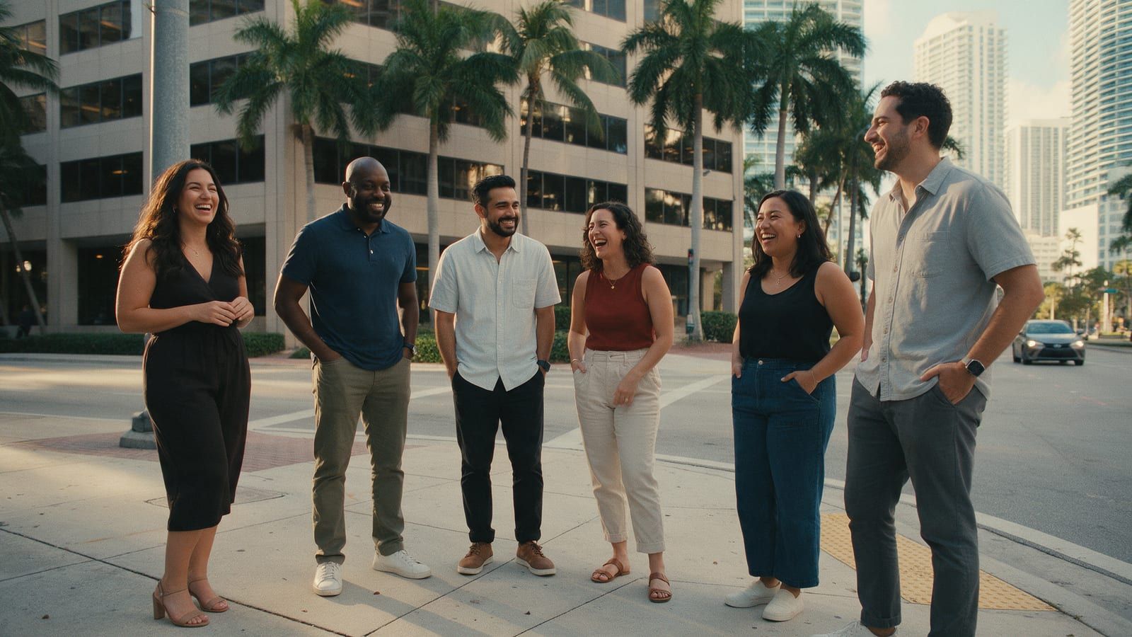 The SEO Guru Miami team standing together outside the office in Brickell.